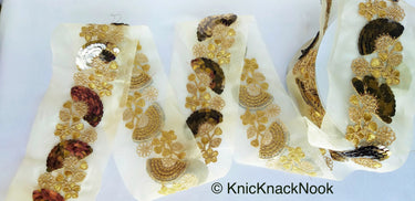 Gold Sheer Fabric Trim With Antique Gold Floral Embroidery And Metallic Sequins Embellishments, Approx. 95mm Wide - 210119L123